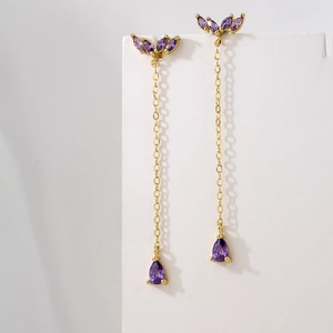 Copper 18K Gold Plated Cubic Zirconia Long Tassel Dangle Earrings Marquise Leaf Water Drop Stone With Copper Earring Post