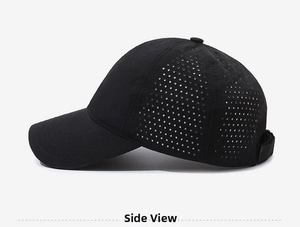 Side view of black quick-dry baseball cap with laser-cut ventilation holes for cooling
