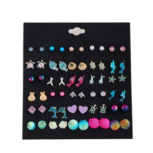 Set of 30 pairs of ocean-themed stud earrings with shells, starfish, and colorful pearls