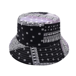 Fashionable paisley patchwork bucket hat with black and purple patterns for outdoor sun shade