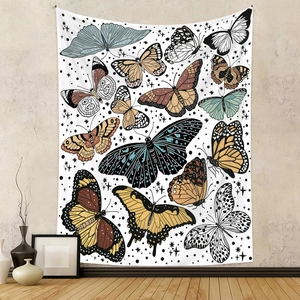 Detail of colorful butterfly tapestry hanging on a textured grey wall with interior decor