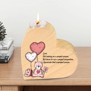 Heart-shaped wooden candle holder with engraved romantic poem for Valentine's home decor