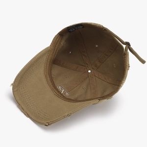 Distressed cotton baseball cap in khaki with letter embroidery and vintage torn brim