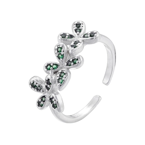 Macro detail of silver floral ring with green petals and adjustable open band design