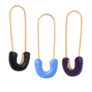 French luxury U-shaped safety pin earrings in black, light blue, and purple enamel finish
