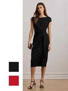 Midi Dress Polyester Ruched Waist Metal Ring Buckle Slim Fit Elegant Solid Color Cap Sleeve For Women