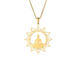 Golden stainless steel lotus Buddha pendant necklace with sunburst frame for men and women