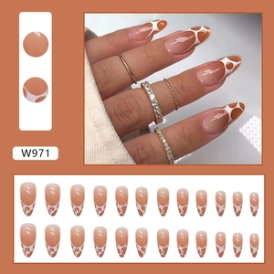 Brown marble and white wave almond press-on nails set with 24 gradient pieces