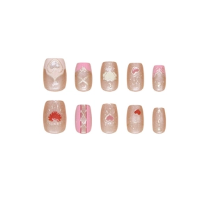 Handmade press-on nails set with champagne glitter, 3D hearts and moon star accents