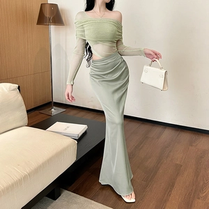 Two-piece set with green mesh off-shoulder top and sleek grey satin maxi skirt