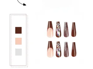Macro detail of long coffin press-on nails with brown marble design and crystal rhinestones
