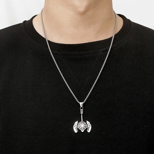 Silver stainless steel viking axe pendant necklace with compass engraving for men