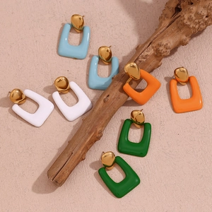 Stainless Steel Geometric Enamel Stud Earrings For Women 18K Gold Plated Hollow Rectangular Drip Oil Fashion Jewelry