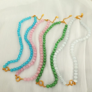 Cat Eye Stone Beaded Necklace Stainless Steel Gold Plated Clavicle Chain Round Beads Jewelry For Women Vacation Elegant Casual