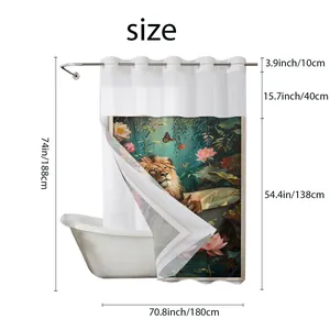 Detailed shower curtain size chart showing 188x180cm dimensions for jungle lion design