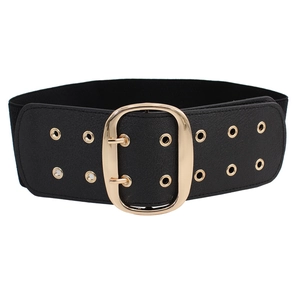 Women's vintage wide elastic waist belt with faux leather detail and oval gold buckle
