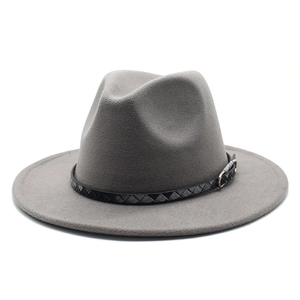 Close-up of grey wool fedora hat with black woven belt and silver metal buckle detail