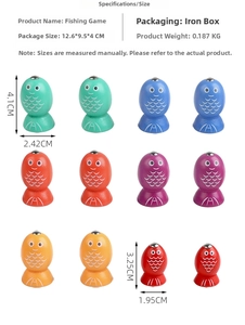 Detail of colorful magnetic wooden fish accessories in various sizes and vibrant colors
