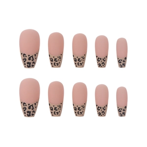Matte nude pink ballerina press-on nails with French leopard print tips 10pcs set