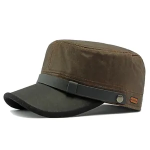 Brown faux leather flat top military patrol cap with black brim and decorative metal studs