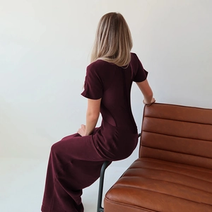 Elegant burgundy sheer mesh maxi dress with short sleeves and slim fit design