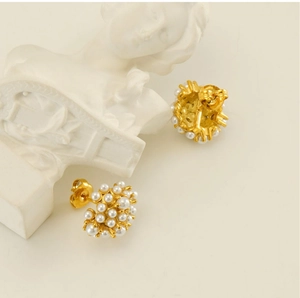 Close-up of vintage 18k gold plated stainless steel pearl cluster stud earrings