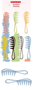 Macro detail of various candy-colored wide-tooth combs for detangling curly hair