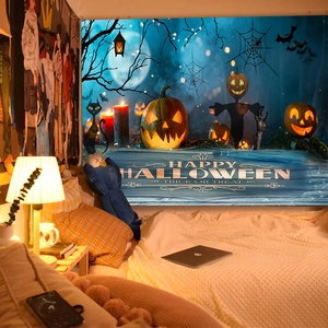 Detail showing Halloween pumpkin tapestry with Trick or Treat text for home decor