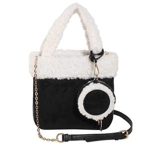 Chic black and white fuzzy lamb wool bucket bag with round coin purse and gold chain