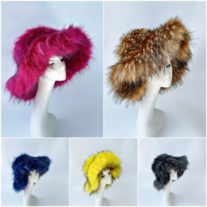 Detailed texture of colorful faux fur bucket hats in vibrant and animal print patterns