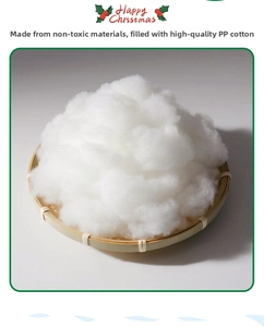 Macro shot of high-quality white PP cotton stuffing inside a rustic woven bamboo tray