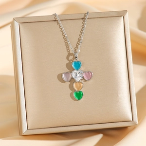 Colorful heart zircon cross pendant necklace in silver stainless steel on jewelry box