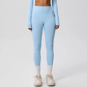 Light blue high waist yoga leggings with seamless athletic fit for fitness and pilates
