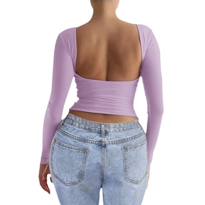 Chic lavender Y2K slim fit long sleeve knit top featuring an elegant backless design