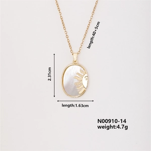 Detail view of gold sun pendant necklace with dimensions 2.31x1.63cm and 40+5cm chain length
