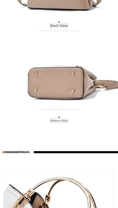 Detail view of khaki handbag featuring gold metal studs on the bottom and side accordion folds