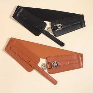 Retro wide elastic waist belt for women with metal ring buckle in black and brown