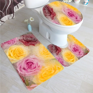 Three-piece bathroom rug set with frozen rose floral print on non-slip polyester fabric