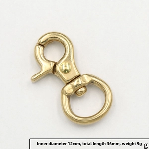 Detail of 12mm swivel brass snap hook with specific length of 36mm and weight of 9g