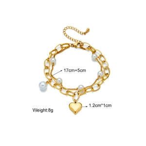Double-layer gold chain bracelet with white pearls and heart pendant, 17cm+5cm length