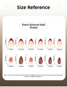 Size chart for short almond tortoise shell press-on nails with 24 pieces in 12 sizes