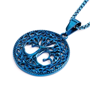 Close-up of blue Tree of Life pendant with box chain on a clean white background