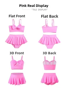 Flat lay and 3D views of girls pink two-piece swimsuit with bow and pleated skirt