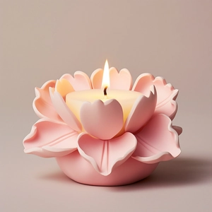 Close-up of pink lotus candle with detailed petals and burning flame on a soft background