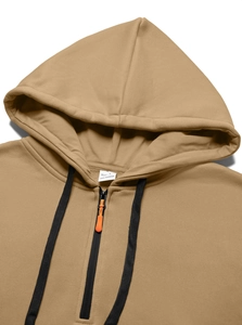Detail of khaki fleece hoodie featuring a half-zip neckline and adjustable drawstrings
