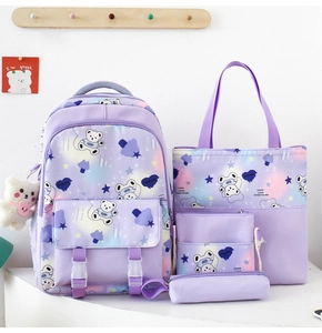 Detailed four-piece purple cartoon bear schoolbag set including backpack and handbags
