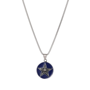 Collar de acero inoxidable para hombre con colgante redondo de esmalte azul oscuro y estrella