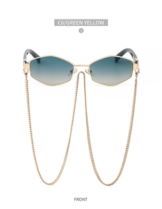 Front view of C6 green yellow gradient sunglasses with gold metal frame and chain