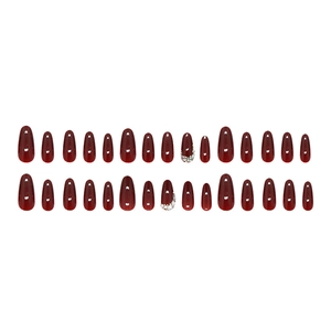 Deep burgundy almond press-on nails set with 30 pieces featuring sparkling diamond accents