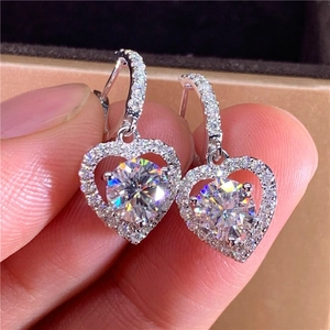 Exquisite silver heart drop earrings with round center stone and halo zircon settings